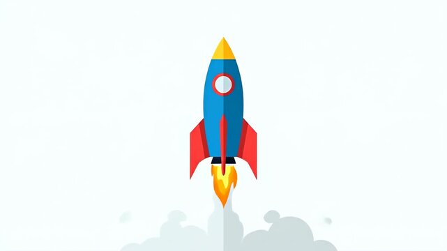 Animated Flat Design Rocket Ship Launching into the Sky.