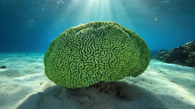 Vibrant green brain coral on a sandy seabed with sun rays shining through clear blue water