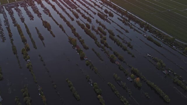 Unique aerial perspective flying over the flooded polders of scheendijk in breukelen, netherlands, with long strips of land at sunset