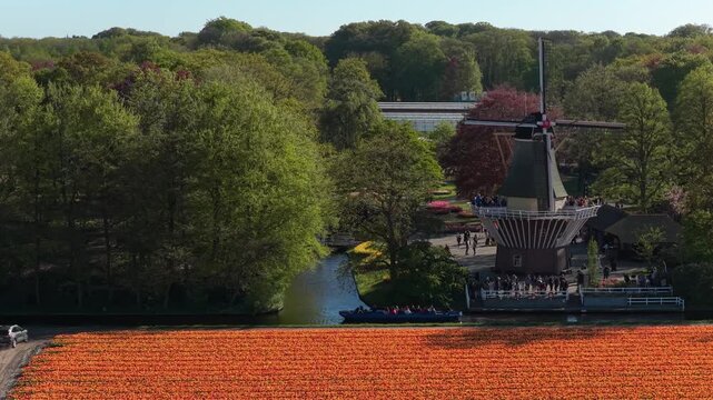 Aerial view of the keukenhof gardens in the netherlands, showing colorful tulip fields, a traditional dutch windmill, and a canal boat