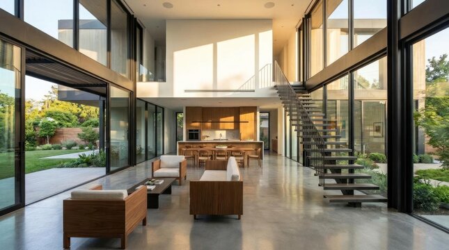 Modern open-plan living room with glass walls and minimalist decor.