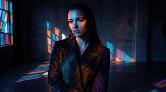 Moody portrait of woman in suit with colored light reflections.