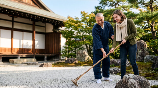 A delightful cultural exchange: a Caucasian tourist and a Zen monk drawing patterns in the gravel (bright morning light)