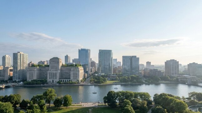 Morning cityscape skyline overlooking a wide river and lush park.