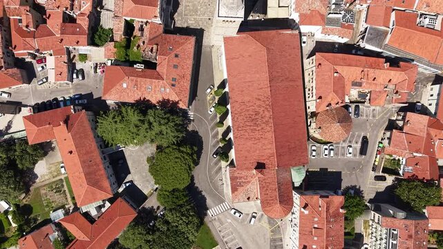 Koper, Slovenia. Birdseye Drone Shot of Titov Trg and Assumption Cathedral in Old Town