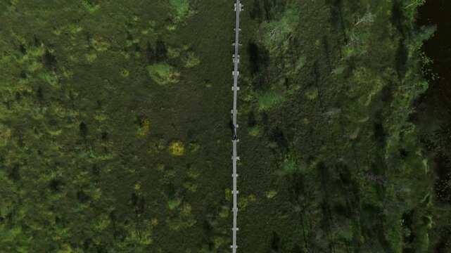 Top down drone view of a man walking on wooden duckboards in Koli, Finland