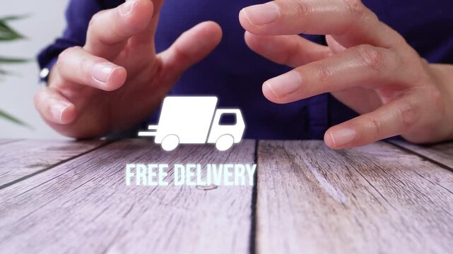 A person makes a gesture over a wooden table, framing text that refers to a delivery service. Ideal for e-commerce, logistics, and retail advertisements.