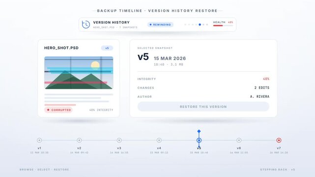 Backup version history interface restoring a corrupted design file to an earlier healthy version