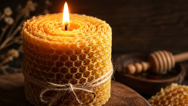 Burning natural beeswax honeycomb candle on a dark rustic wooden background.
