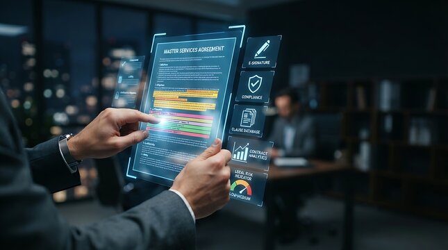 Legal professional interacting with holographic AI legal technology contract review interface for enterprise digital contract management and automated legal document solutions.