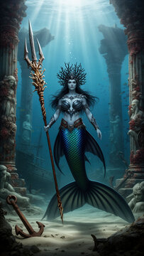 sirena, sirena fant&aacute;stica, mujer sirena, criatura marina, tridente, tridente oscuro, reino submarino, ciudad submarina, templo sumergido, ruinas antiguas, ruinas submarinas, oc&eacute;ano, mar, mundo submari