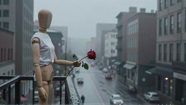 Rainy cityscape with mannequin holding a red rose on a balcony.