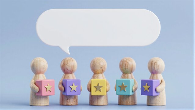 Five wooden figures hold colorful stars, under a blank speech bubble.