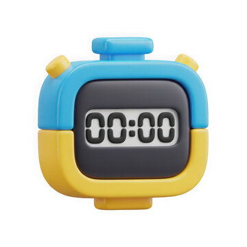 3d rendered digital timer with a cute robot face and a yellow body