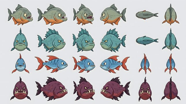 Fierce piranha cartoon character sprites in multiple colors and views