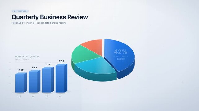 Quarterly business review animation with 3D bar chart pie chart and revenue KPI cards