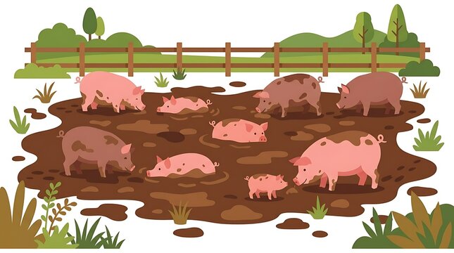 Herd of pigs in a muddy farm pen with green trees