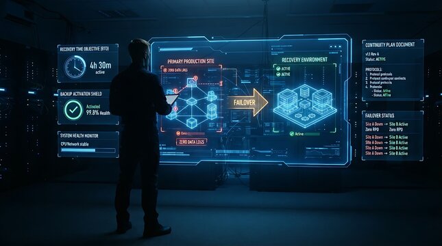 IT disaster recovery specialist standing before holographic business continuity failover interface for enterprise system recovery management and digital operational resilience solutions.