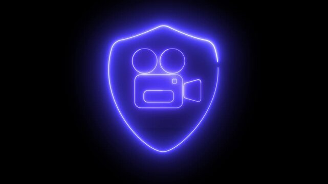 Blue neon shield icon with video camera symbol. Glowing outline suggests security or protection for media content