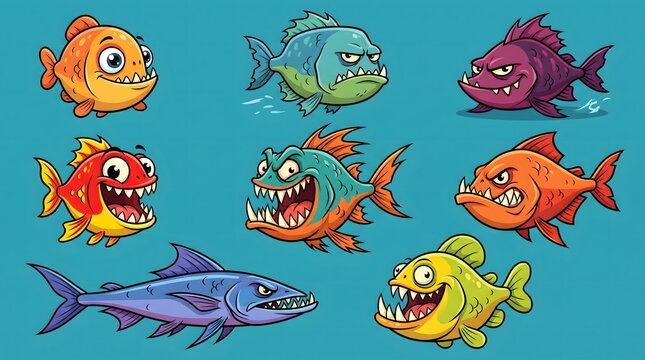 Colorful piranha cartoon fish characters with sharp teeth and faces