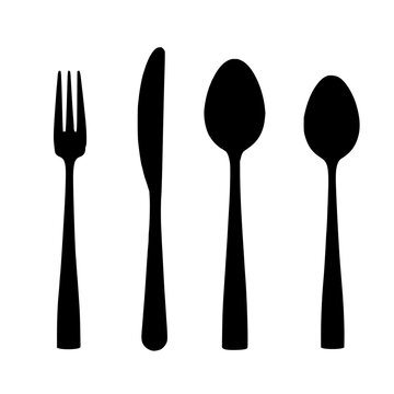 Black flatware set with fork, knife, large spoon, and small spoon arranged in a row featuring clean lines, monochromatic palette, and modern minimalism with sharp edges