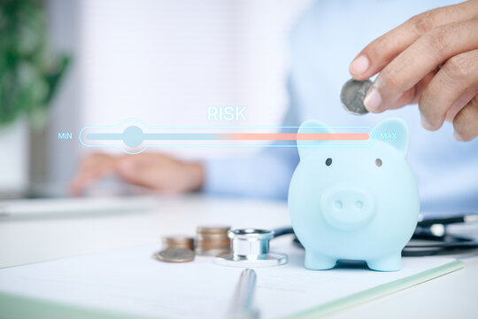 Financial risk assessment concept with piggy bank, coins and risk level indicator representing investment decisions, savings protection, personal finance planning and wealth management strategy