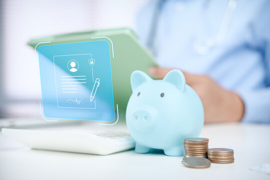 Personal savings and financial security concept with piggy bank, stacked coins, digital identity document and secure finance interface representing banking, wealth management and future planning