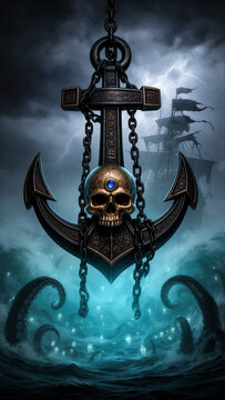 ancla, ancla pirata, ancla n&aacute;utica, ancla antigua, calavera, cr&aacute;neo, barco fantasma, barco pirata, pirata, oc&eacute;ano, mar, tormenta, rel&aacute;mpago, rayos, olas, mar embravecido, tent&aacute;culos, monstruo marino, 