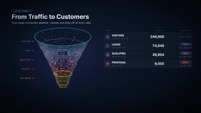 Sales funnel animation showing visitors converting to customers through five pipeline stages