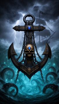 ancla, ancla pirata, ancla n&aacute;utica, ancla antigua, calavera, cr&aacute;neo, barco fantasma, barco pirata, pirata, oc&eacute;ano, mar, tormenta, rel&aacute;mpago, rayos, olas, mar embravecido, tent&aacute;culos, monstruo marino, 