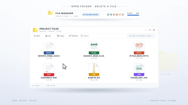 File manager interface opening a folder and deleting a document into the recycle bin