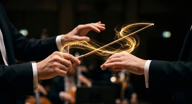 Conductor hands holding a wooden baton with glowing golden light trails swirling in a dark concert hall during a classical orchestra performance