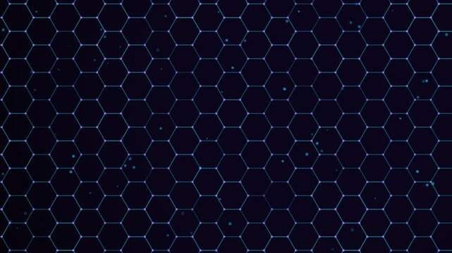 Digital blue hexagon grid pattern with floating light particles moving across dark technical background.