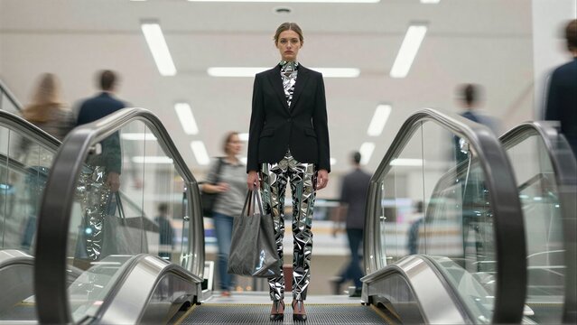 Model stands poised on escalator, clad in futuristic metallic pants and blazer.