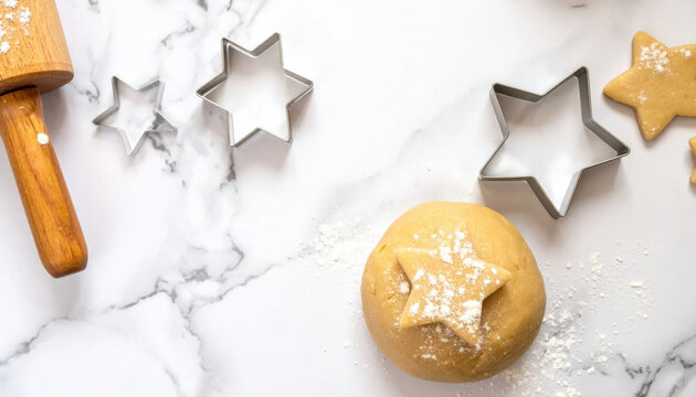 Baking cookie dough star cutter flour rolling pin marble kitchen holiday cookie festive baking scene with cookie dough ball and star cutter floured marble surface ready Christmas Concept
