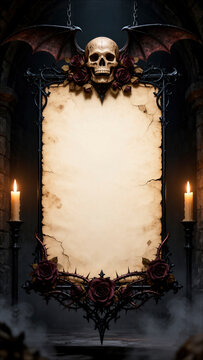 marco g&oacute;tico, marco decorativo, marco ornamental, marco medieval, pergamino, pergamino antiguo, espacio para texto, plantilla, fondo, calavera, cr&aacute;neo, murci&eacute;lago, alas de murci&eacute;lago, rosas, rosas roj