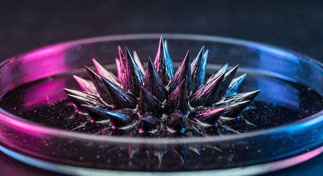Magnetic ferrofluid spikes in a glass petri dish illuminated with vibrant pink and blue neon lights for scientific and abstract concepts