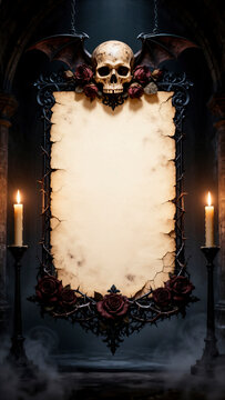 marco g&oacute;tico, marco decorativo, marco ornamental, marco medieval, pergamino, pergamino antiguo, espacio para texto, plantilla, fondo, calavera, cr&aacute;neo, murci&eacute;lago, alas de murci&eacute;lago, rosas, rosas roj