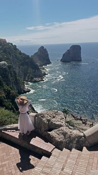 Happy Woman Balcony Panoramic Faraglioni View Capri Island Italy