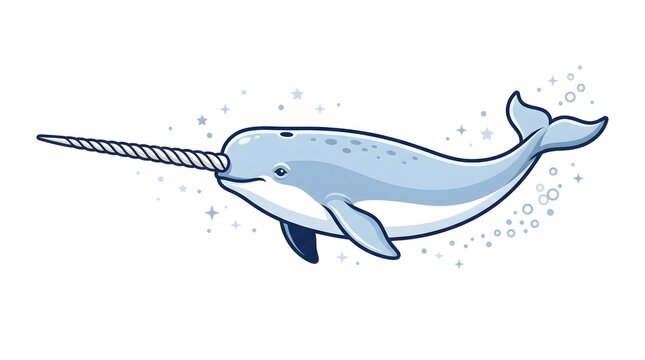 Narwhal Swimming Profile Spiral Tusk Texture &mdash; Blue White Bold Flat Vector