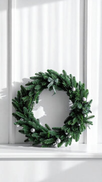 Christmas wreath green wreath pine wreath evergreen wreath holiday decor winter decoration wall decor festive ornament silver bauble ribbon bow Christmas wreath green wreath Christmas Concept