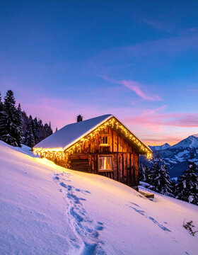 Cozy cabin winter snow mountain sunset twilight christmas holiday light landscape Warm cozy cabin snowy mountain sunset twilight, glowing christmas holiday light creating Christmas Concept