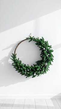 Minimalist Christmas wreath modern holiday decor evergreen branch silver ornament white wall bright shadow winter season festive decoration circle shape Christmas Concept