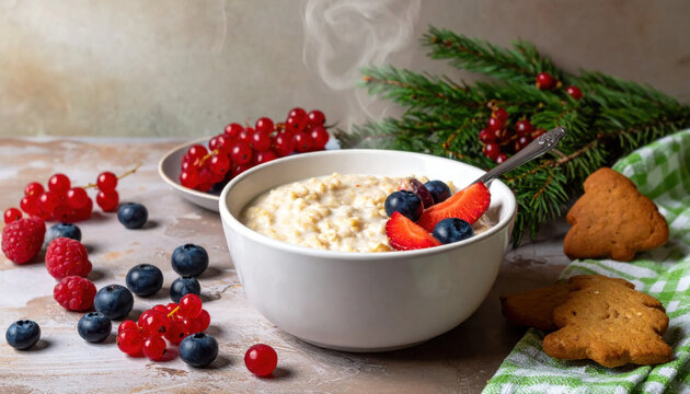 Oatmeal breakfast berry strawberry blueberry raspberry porridge hot steam bowl cozy oatmeal breakfast with fresh berry strawberry blueberry raspberry porridge white bowl near Christmas Concept