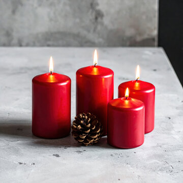 Red candle burning candle candlelight holiday decor christmas decoration advent wreath pinecone cozy atmosphere winter season flame glow Festive red candle burning candlelight Christmas Concept