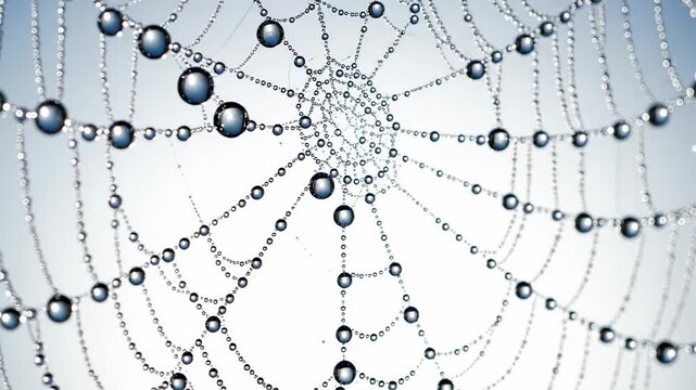 Close-up of a dew-covered spider web with intricate details and shimmering water droplets, delicate natural pattern, abstract background
