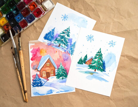 Watercolor painting winter landscape snow house tree holiday Christmas card cozy watercolor painting winter landscape snow house tree holiday Christmas card art craft paper with Christmas Concept