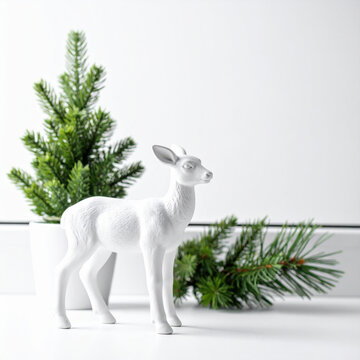 White deer ceramic deer christmas decor holiday decoration winter ornament evergreen branch pine tree minimal design white background scandinavian style White deer ceramic deer Christmas Concept