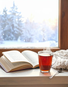 Winter morning hot tea open book cozy home window light steam blanket reading relaxation snow scene create peaceful calm winter mood near window sill Christmas Concept