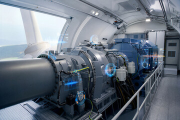 Naklejka premium Advanced Condition Monitoring System Inside Modern Wind Turbine Nacelle Supporting Predictive Maintenance